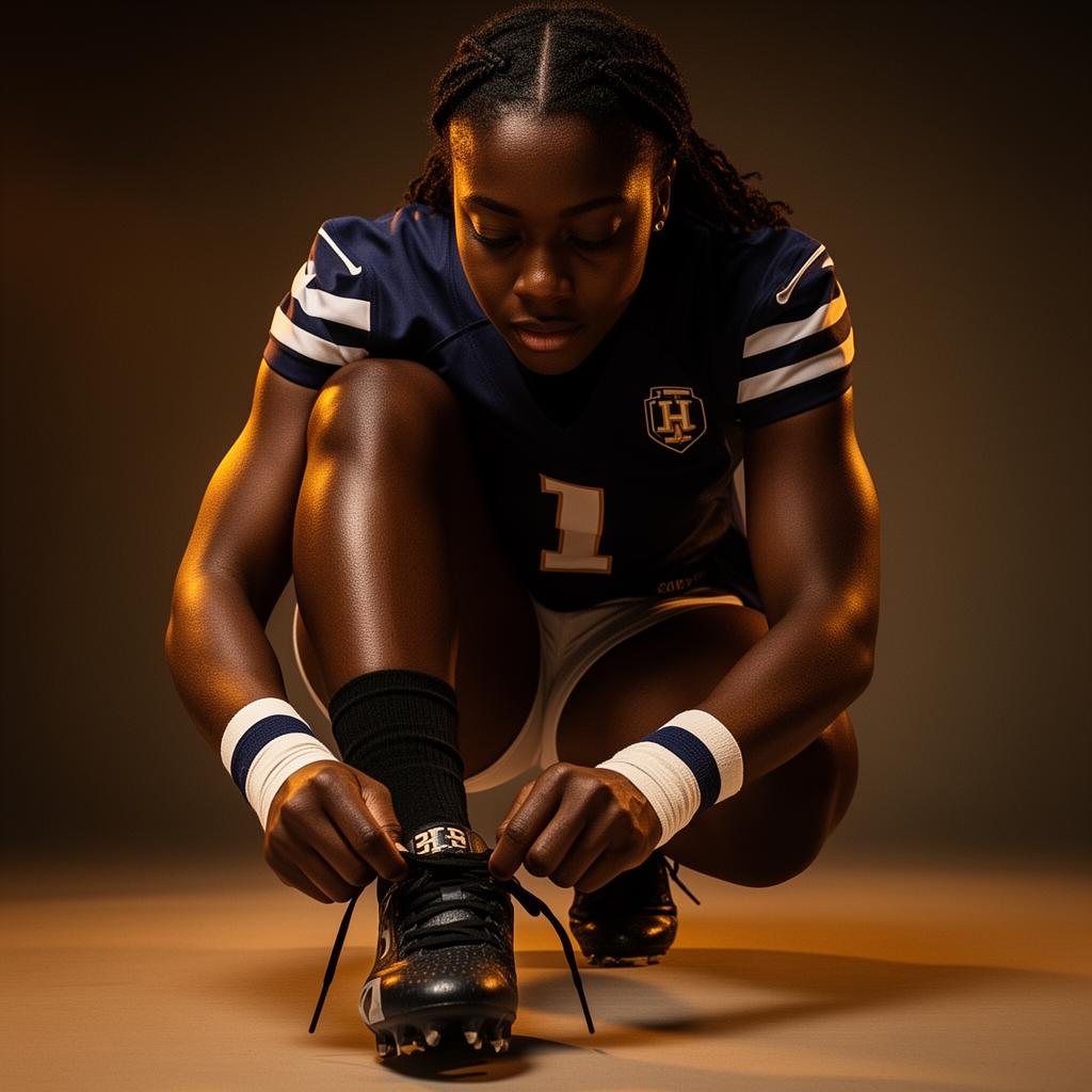 A female flag football player lacing up her cleats