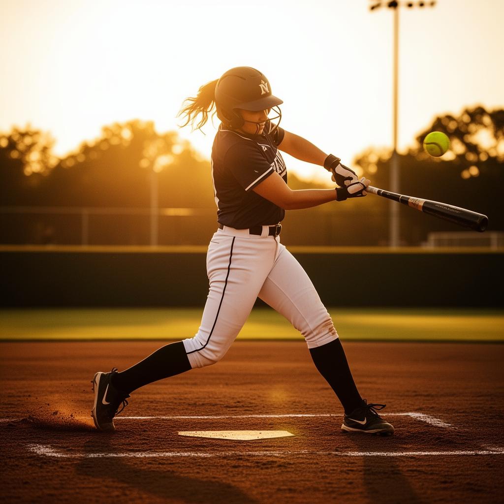 A female softball player mid-swing at golden hour
